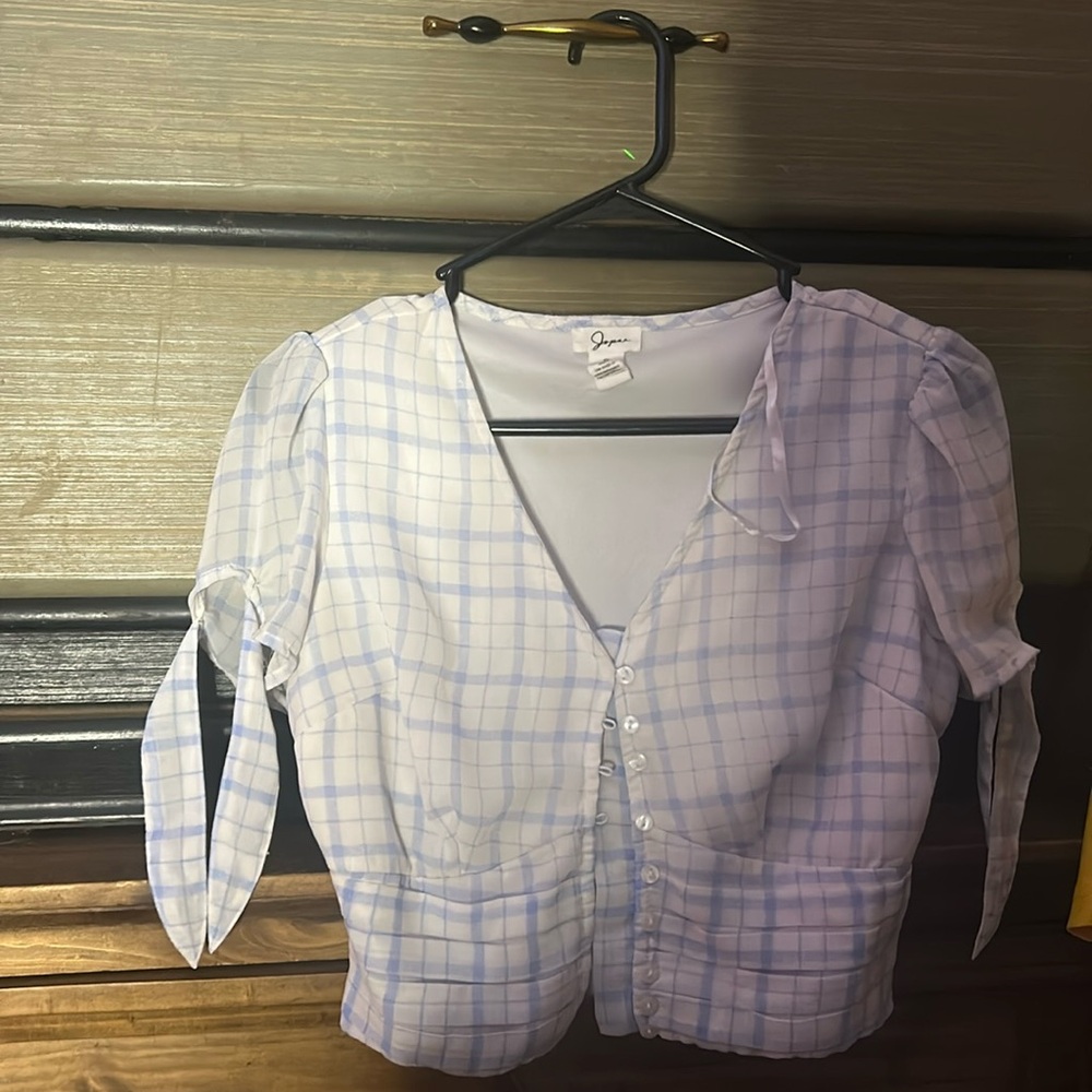 White blue and white dress top